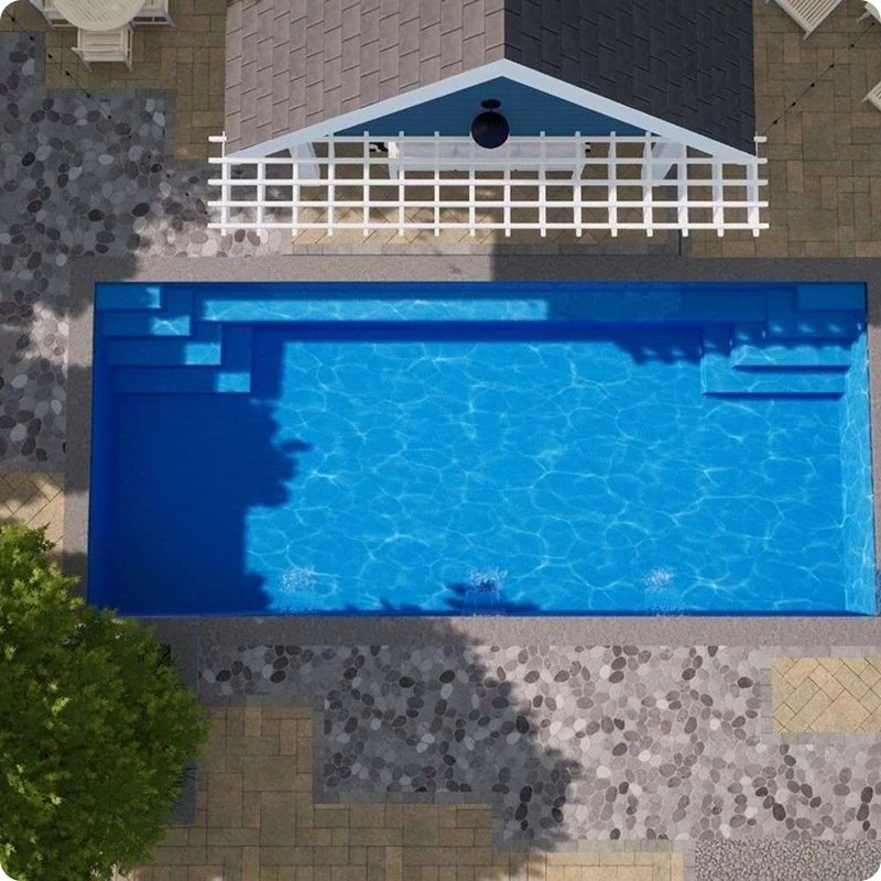 River Pools A Series rectangular fiberglass pool with flat-bottom play layout
