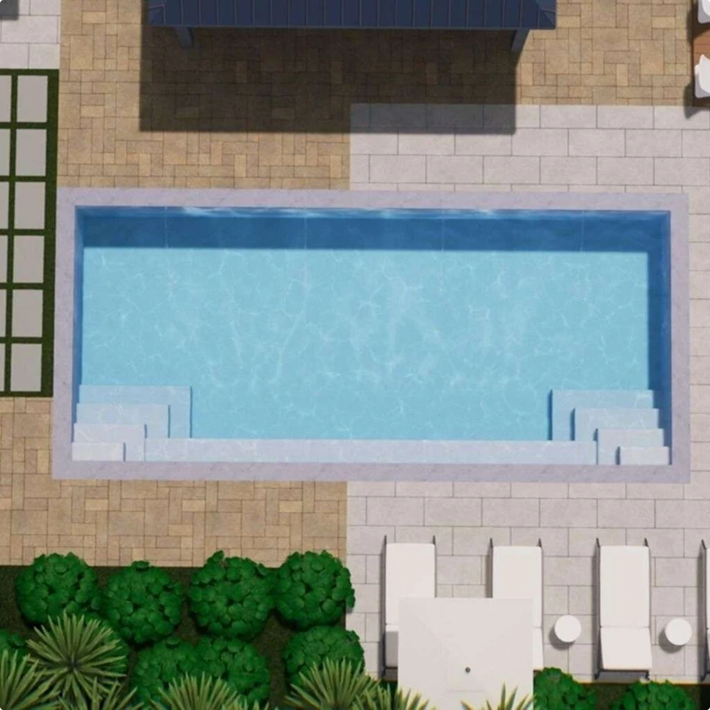 River Pools A Series fiberglass pool with long side bench